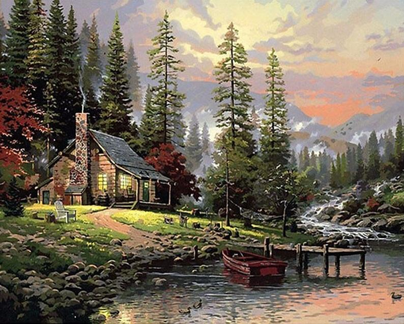 A House Near River And Hills Landscapes Painting By Numbers.png