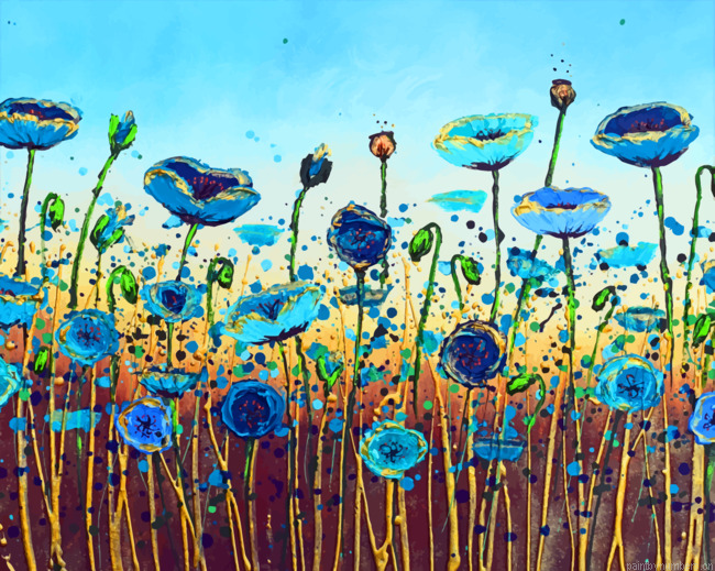 Aesthetic Abstract Blue Poppies Painting By Numbers.png