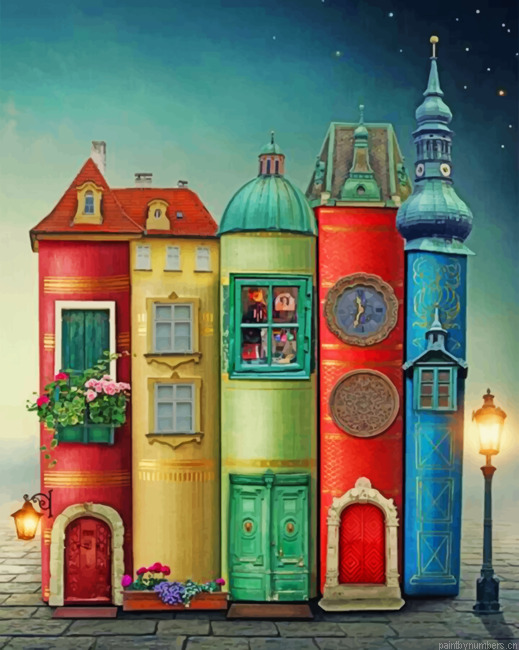 Aesthetic Books Houses Painting By Numberss.png