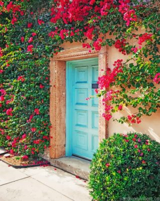 Aesthetic Cyan Door And Bougainvillea Painting By Numbers.png