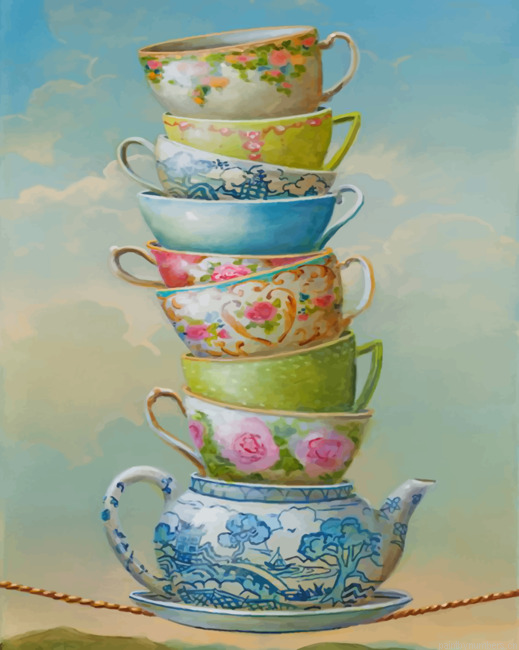 Aesthetic Teapot And Cups Painting By Numberss.png