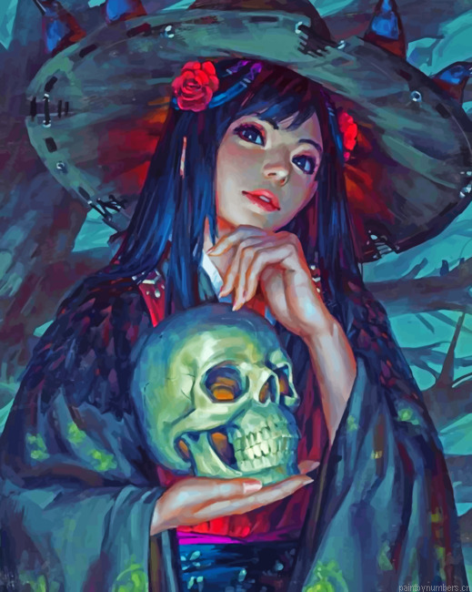 Anime Girl Holding A Skull Painting By Numbers.png