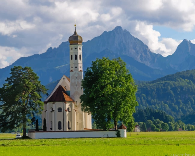 Austria Mountains Church Alps Trees Painting By Numberss.png