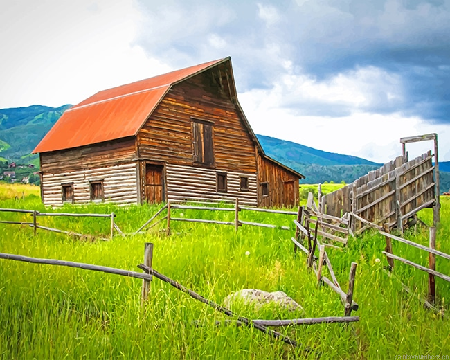 Barn In Green Field Nature Painting By Numberss.png