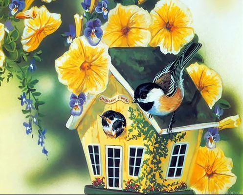 Bird House With Yellow Flowers Painting By Numberss.png