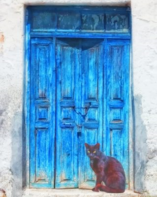 Black Cat And Blue Door Painting By Numbers.png