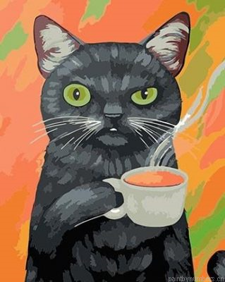 Black Cat Drinking Tea Painting By Numbers.png