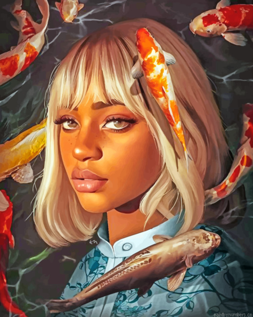 Black Girl And Koi Fishes Painting By Numberss.png