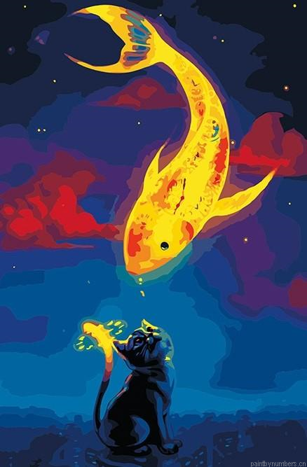 Black Cat And Goldfish Animals Painting By Numbers.png