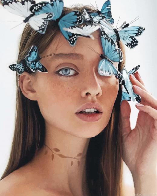 Blue Butterflies On Girl Face Painting By Numberss.png