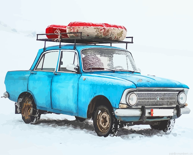 Blue Old Car In Snow Painting By Numberss.png