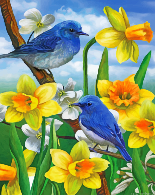 Bluebirds And Wild Daffodils Painting By Numberss.png