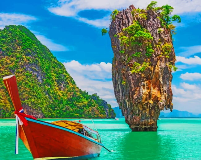 Boat In Phi Phi Island Coast Seascapes Painting By Numberss.png