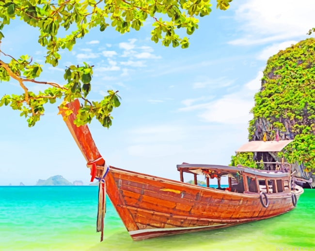Boat On Krabi Island Seascape Painting By Numberss.png