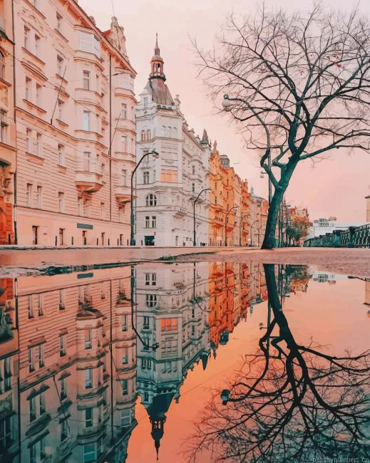 Buildings And Tree Reflection Cities Painting By Numbers.png