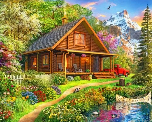 Cabin By Lake Painting By Numbers.png