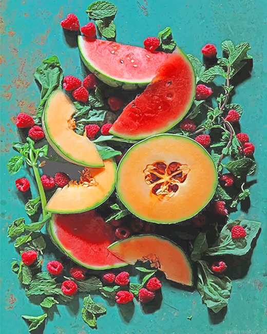 Cantaloupe Basil And Watermelon Berry Fruits Painting By Numbers.png