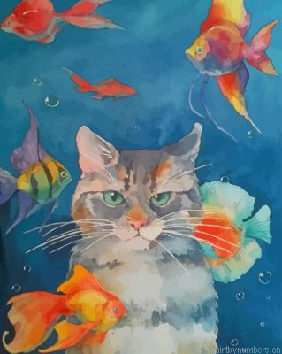 Cat With Fishes In The Water Painting By Numbers.png
