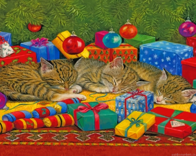 Cats Laying Near Christmas Gifts Animals Painting By Numberss.png