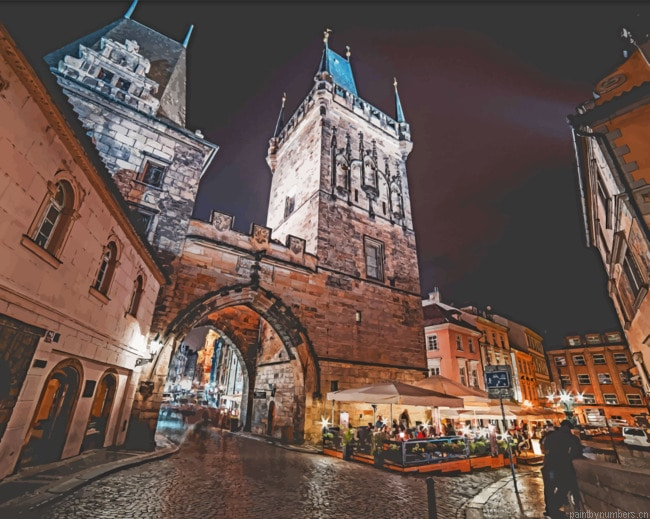 Charles Bridge Tower At Night Cities Painting By Numberss.png