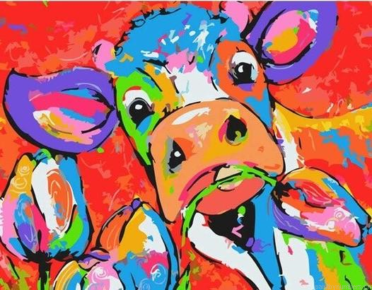 Colorful Cow Eating A Flower Painting By Numberss.png