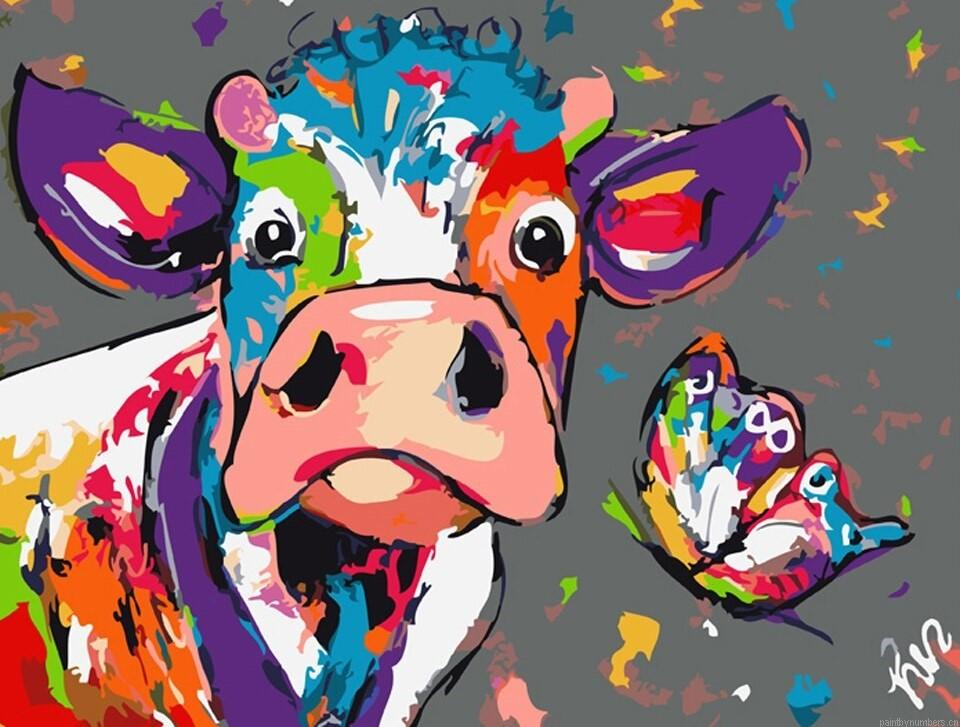 Colorful Cow With Butterfly Painting By Numberss.png