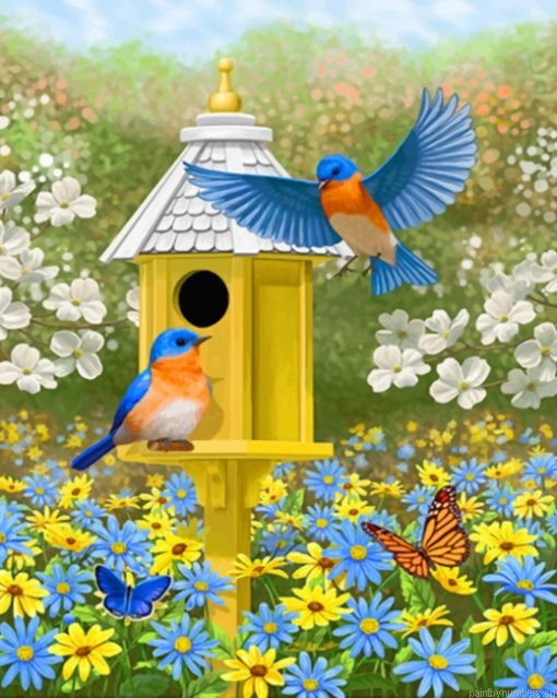 Colorful Garden Bluebirds And Birdhouse Painting By Numberss.png