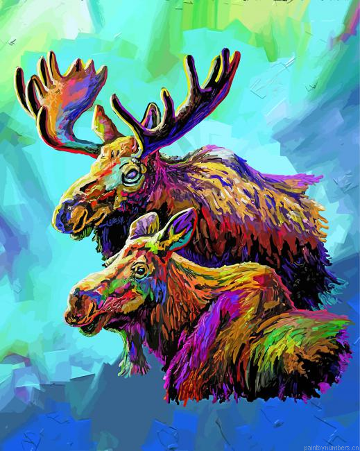 Colorful Moose And Baby Painting By Numberss.png