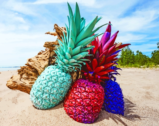 Colorful Pineapples On Beach Fruits Painting By Numberss.png