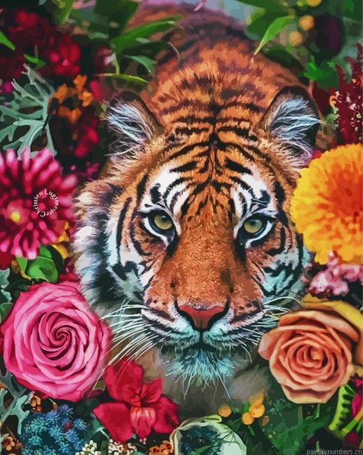 Cool Tiger And Flowers Painting By Numberss.png