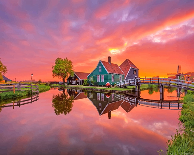 Cottage Reflection Sunset Landscapes Painting By Numberss.png