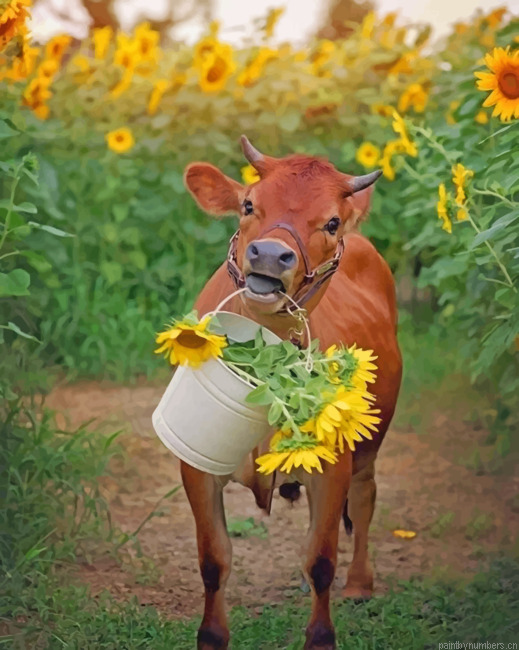 Cow In Sunflower Field Animals Painting By Numberss.png