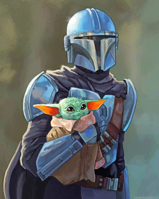 Cute Baby Yoda And Mandalorian Painting By Numberss.png