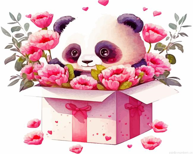 Cute Panda In A Floral Box Painting By Numberss.png