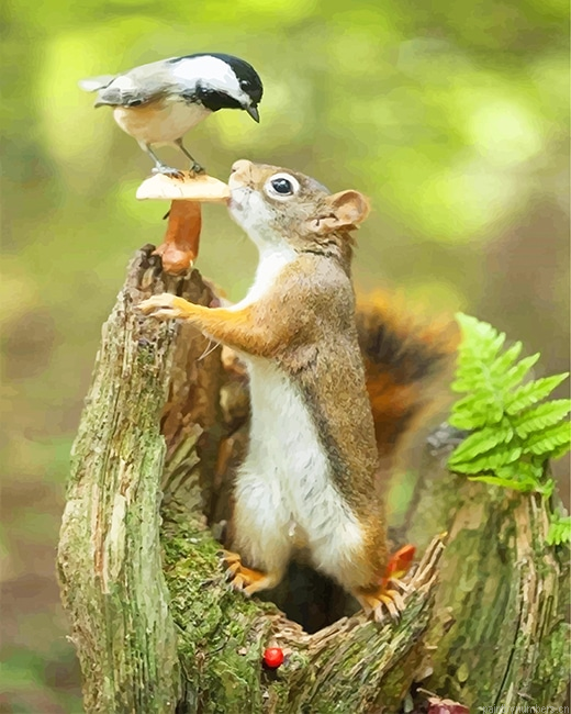 Cute Squirrel And Bird Animals Painting By Numberss.png