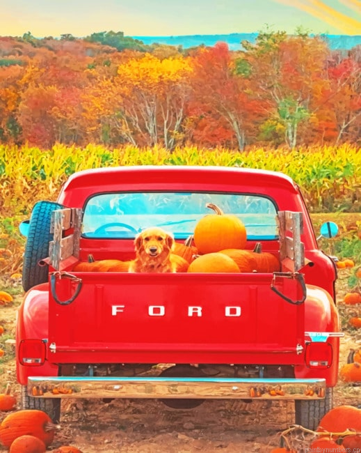 Dog And Pumpkins In A Red Truck Painting By Numberss.png
