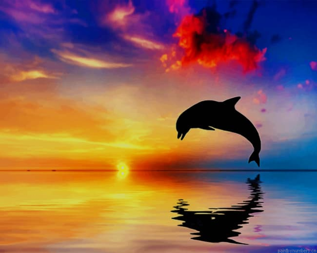 Dolphin Jumping At Sunset Silhouette Painting By Numberss.png