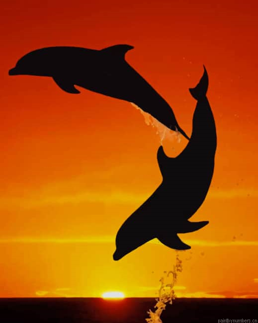 Dolphins Jumping In The Sunset Silhouette Painting By Numberss.png
