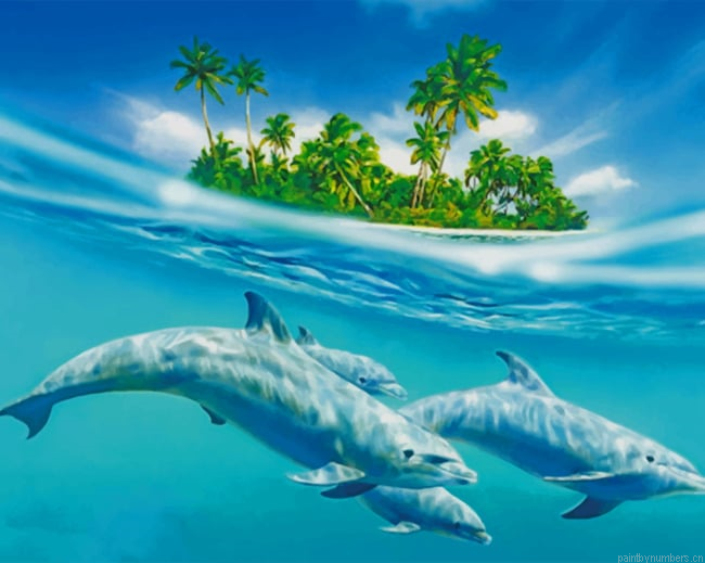Dolphins Swimming Under Water Painting By Numberss.png