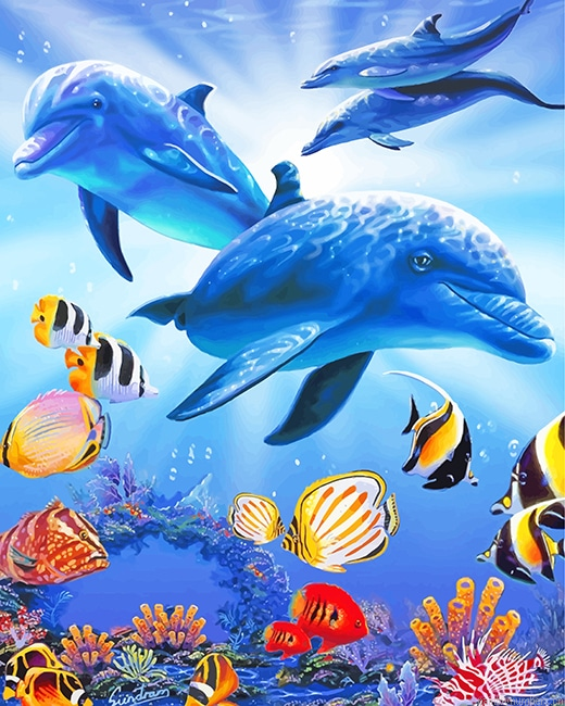 Dolphins Underwater With Tropical Fishes Painting By Numbers.png