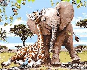 Elephant And Giraffe Animals Painting By Numberss.png