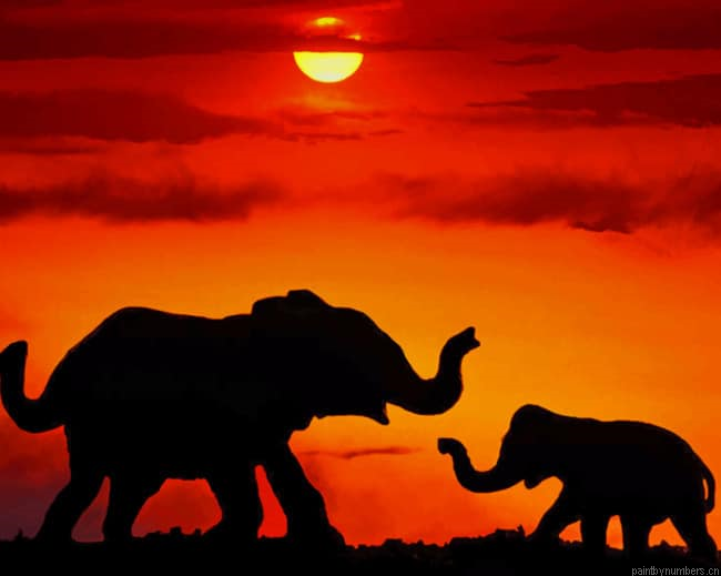 Elephants At The Sunset Siilhouette Painting By Numberss.png