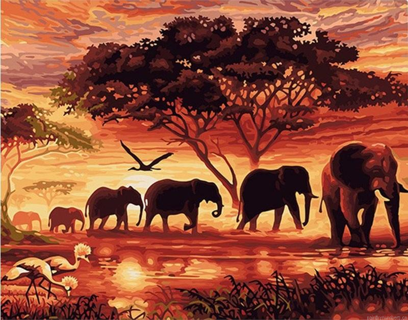 Elephants Silhouette Animals Painting By Numbers.png