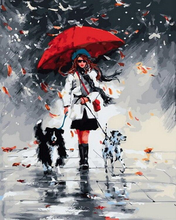 Enjoying A Walk In The Rain With Her Dogs Painting By Numberss.png
