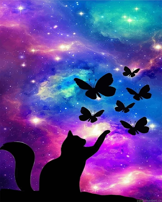 Galaxy Cat Butterflies Silhouette Painting By Numberss.png