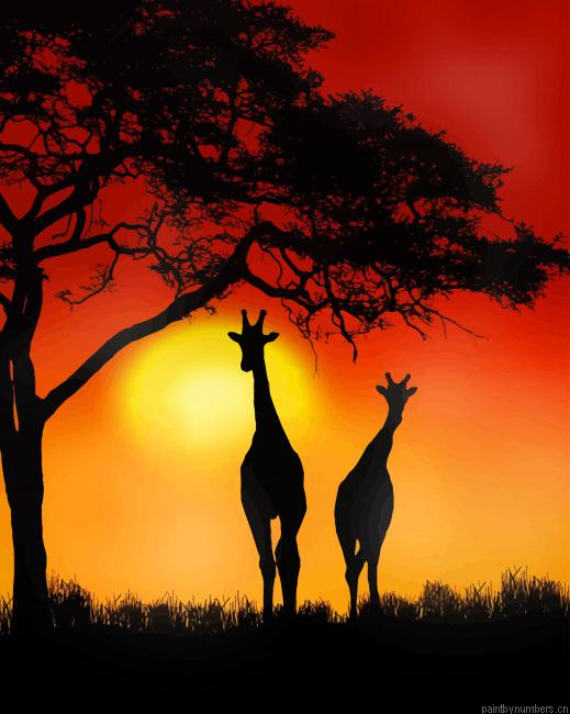Giraffes Sunset Animals Painting By Numberss.png