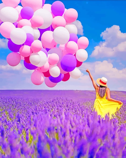 Girl Holding Balloons In Lavender Field Painting By Numbers.png