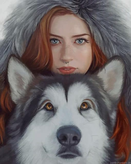 Girl With Husky Animals Painting By Numbers.png