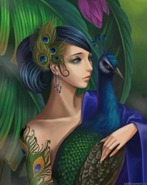 Girl With Peacock Art Birds Painting By Numbers.png