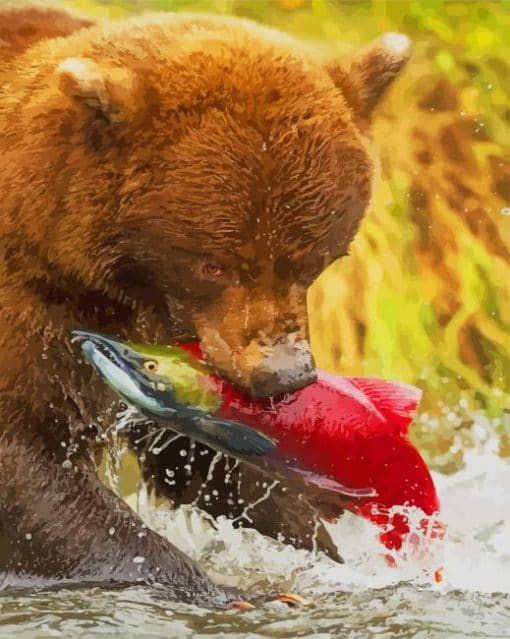 Grizzly Bear Catching Salmon Animals Painting By Numberss.png
